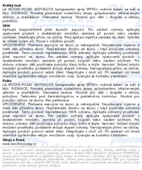 Dal�� informace o zbo�� LA ROCHE ANTHELIOS FAMILY SPREJ SPF50+ 300ML